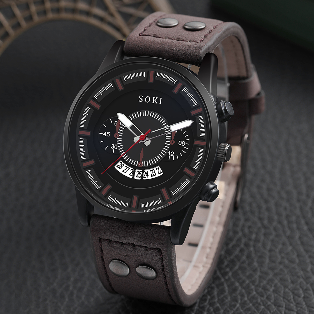 Menu0027s Bracelet Watch Set Casual Pu Strap Calendar Sports Quartz Watch