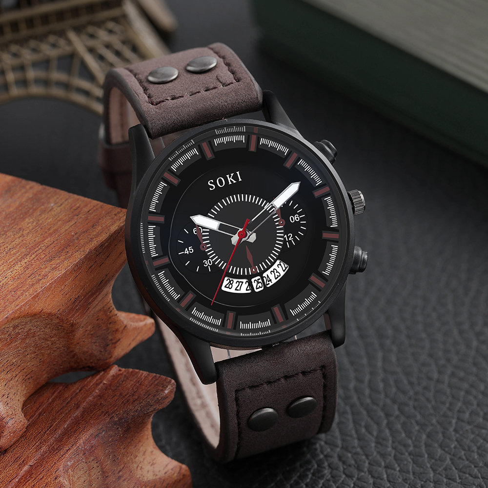 Menu0027s Bracelet Watch Set Casual Pu Strap Calendar Sports Quartz Watch