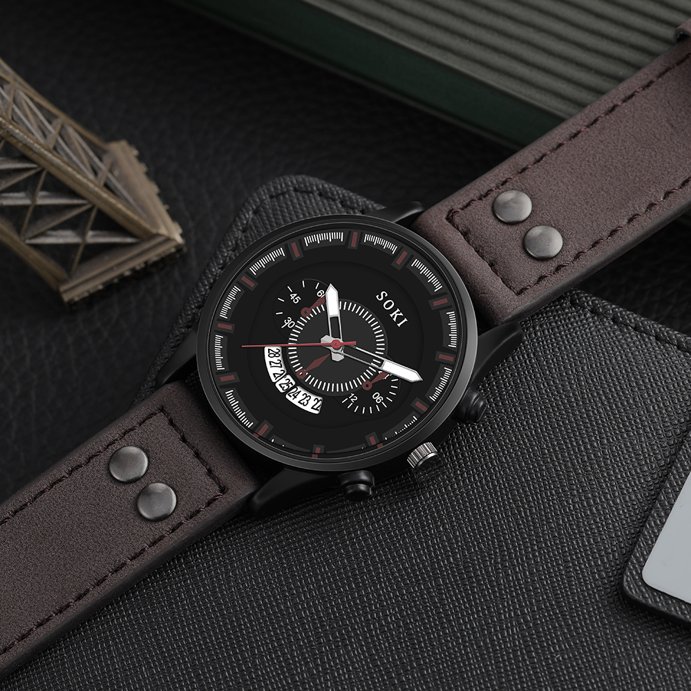 Menu0027s Bracelet Watch Set Casual Pu Strap Calendar Sports Quartz Watch