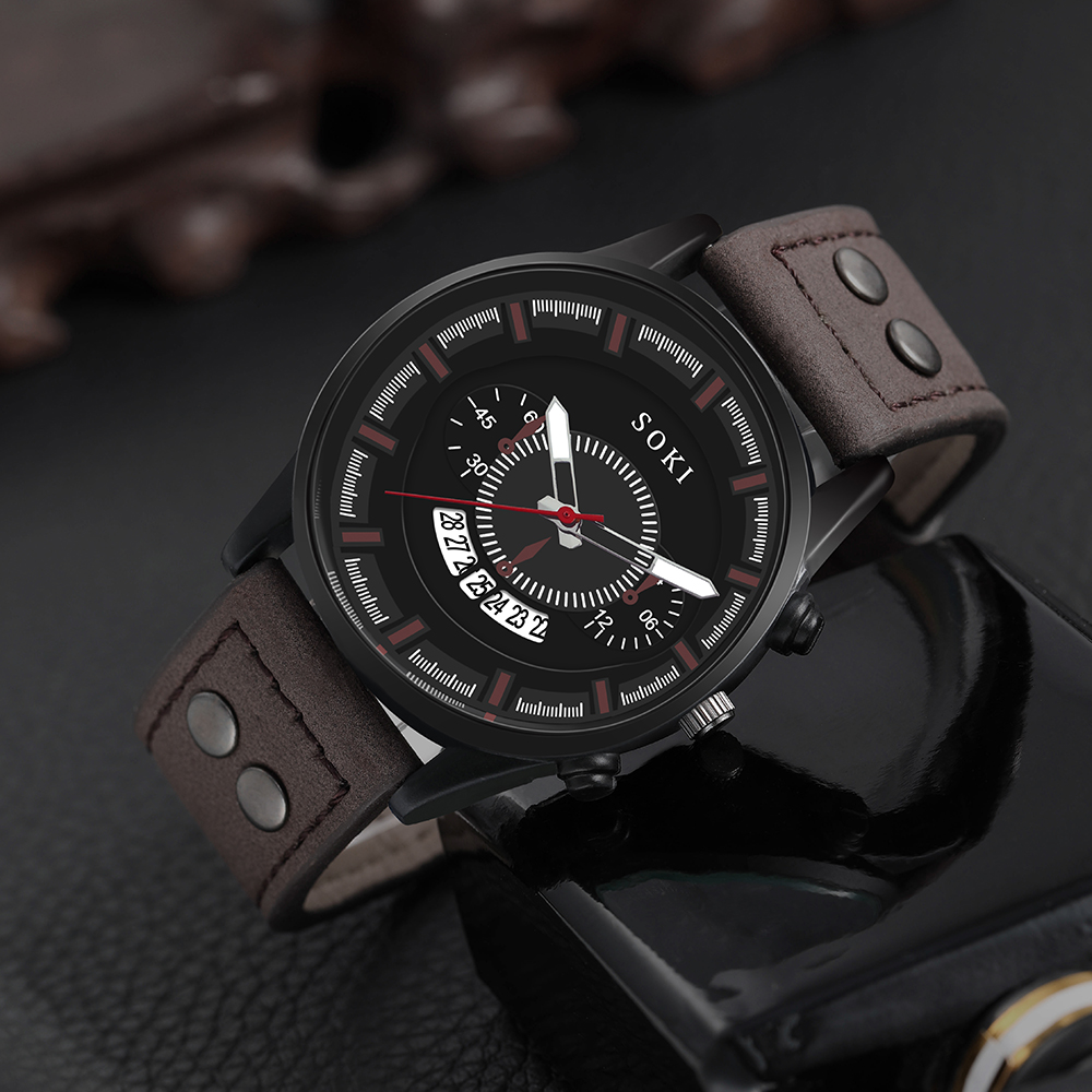 Menu0027s Bracelet Watch Set Casual Pu Strap Calendar Sports Quartz Watch