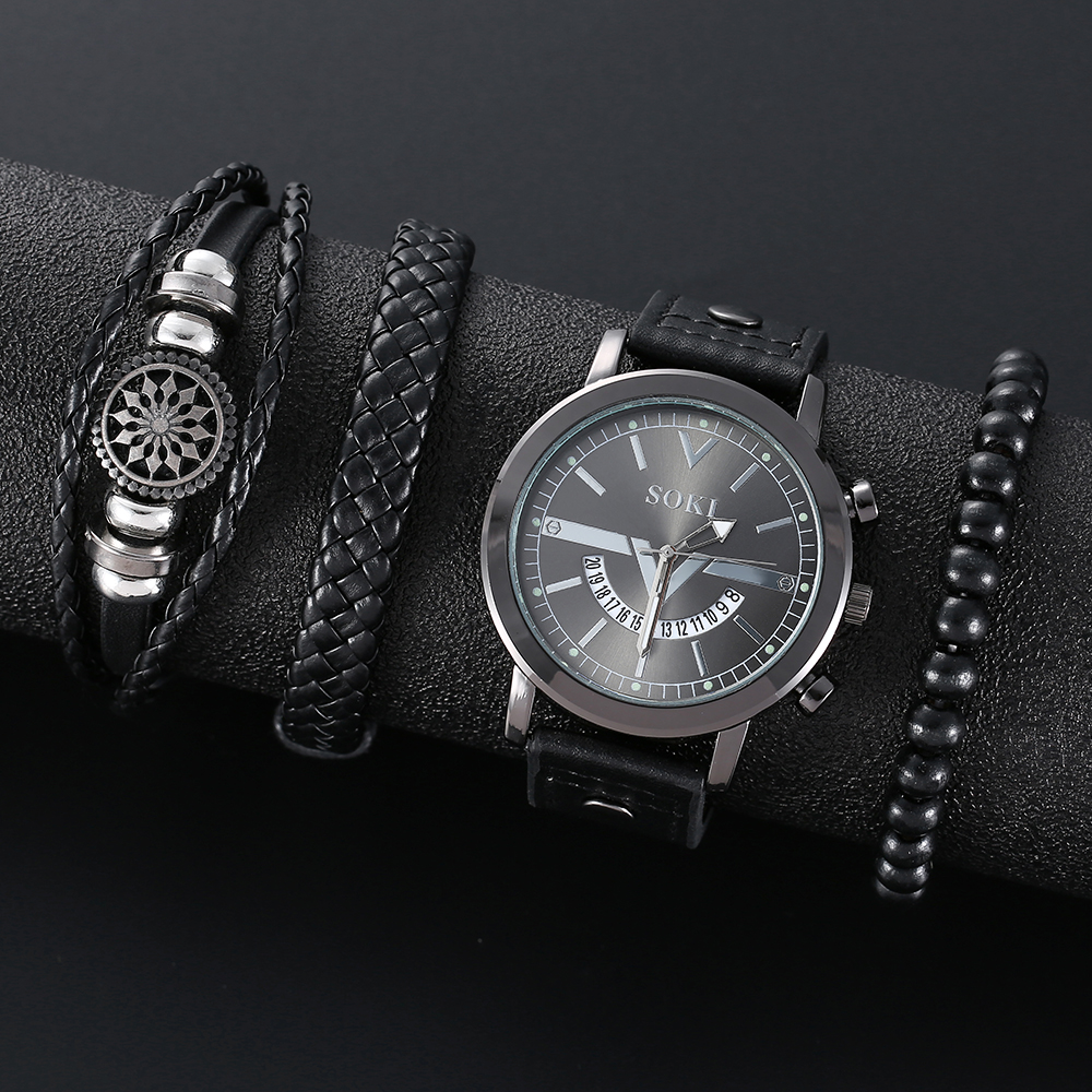 Menu0027s Bracelet Watch Set Casual Pu Strap Calendar Sports Quartz Watch wholesale
