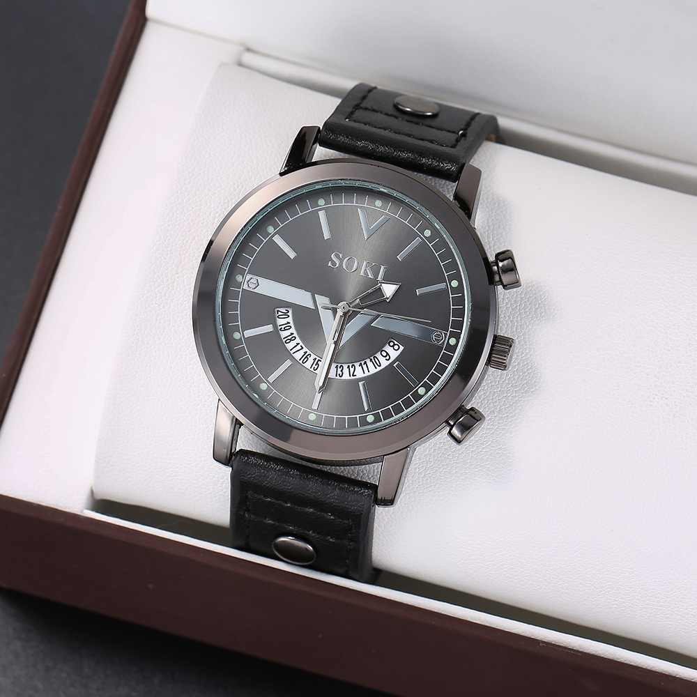 Menu0027s Bracelet Watch Set Casual Pu Strap Calendar Sports Quartz Watch wholesale