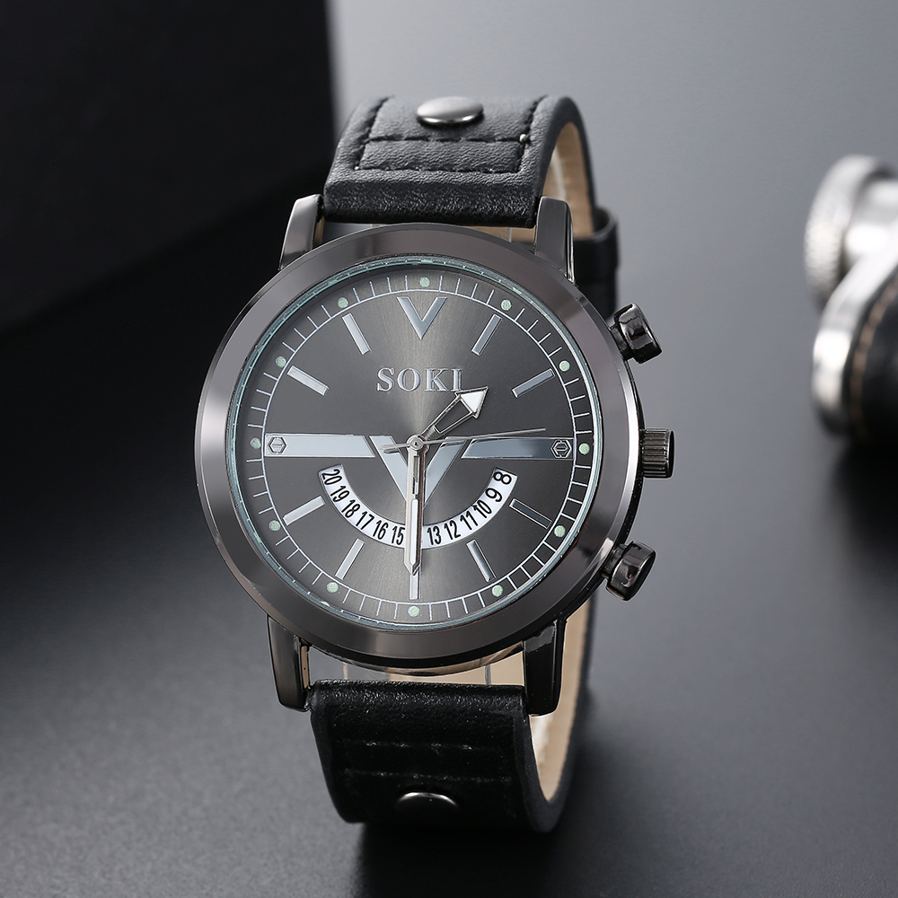 Menu0027s Bracelet Watch Set Casual Pu Strap Calendar Sports Quartz Watch wholesale