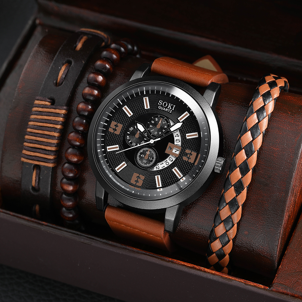Casual Menu0027s Bracelet Watch Set Army Style Sports Three Eyes Calendar Menu0027s Watch