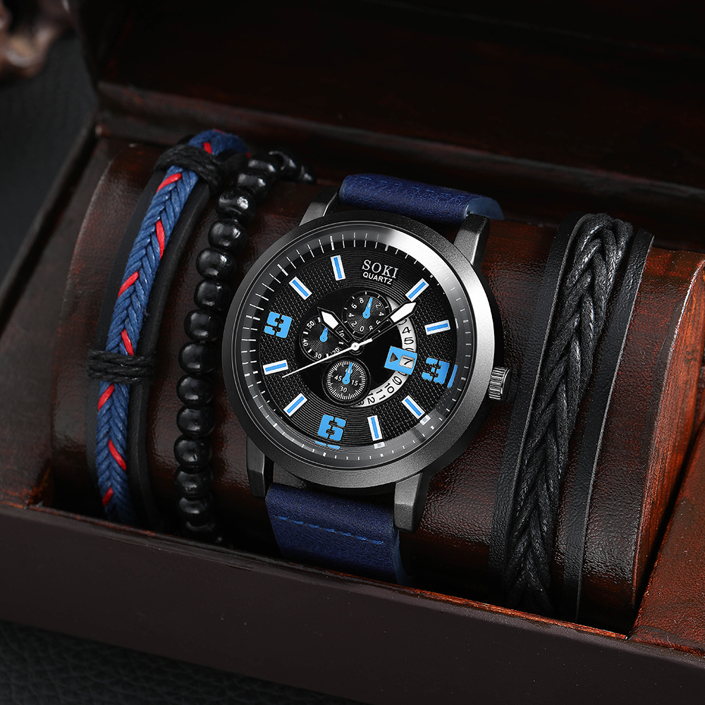 Casual Menu0027s Bracelet Watch Set Army Style Sports Three Eyes Calendar Menu0027s Watch