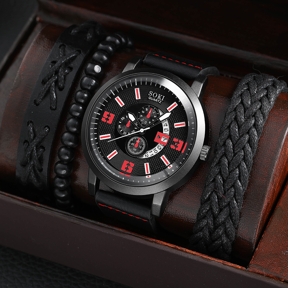 Casual Menu0027s Bracelet Watch Set Army Style Sports Three Eyes Calendar Menu0027s Watch