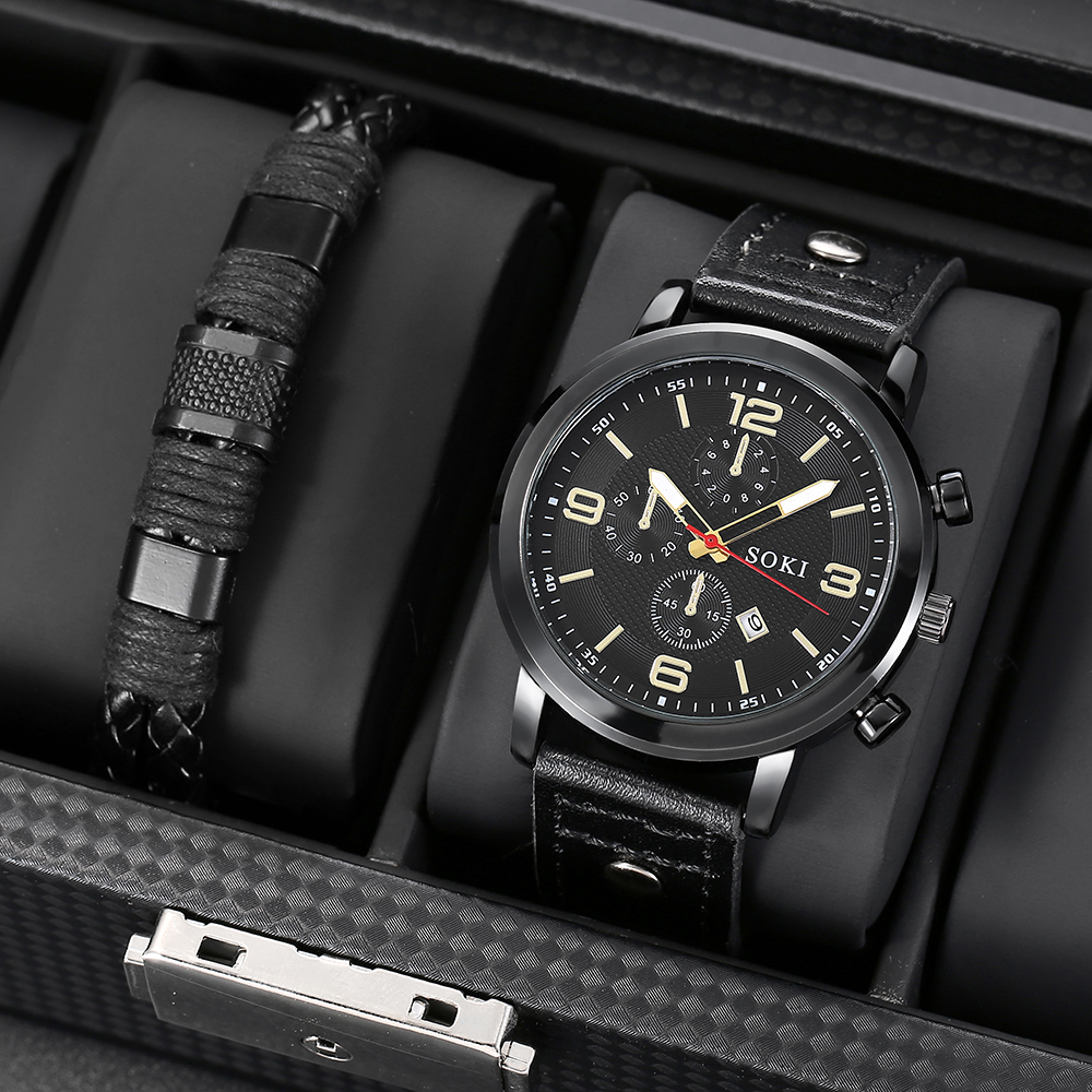 Casual Menu0027s Bracelet Watch Set Army Style Student Sports Three Eyes Calendar Menu0027s Watch w