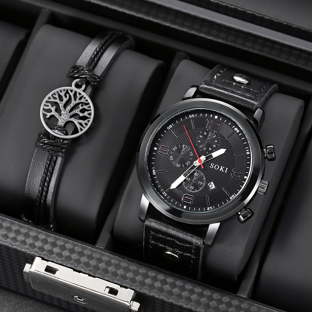 Casual Menu0027s Bracelet Watch Set Army Style Student Sports Three Eyes Calendar Menu0027s Watch w