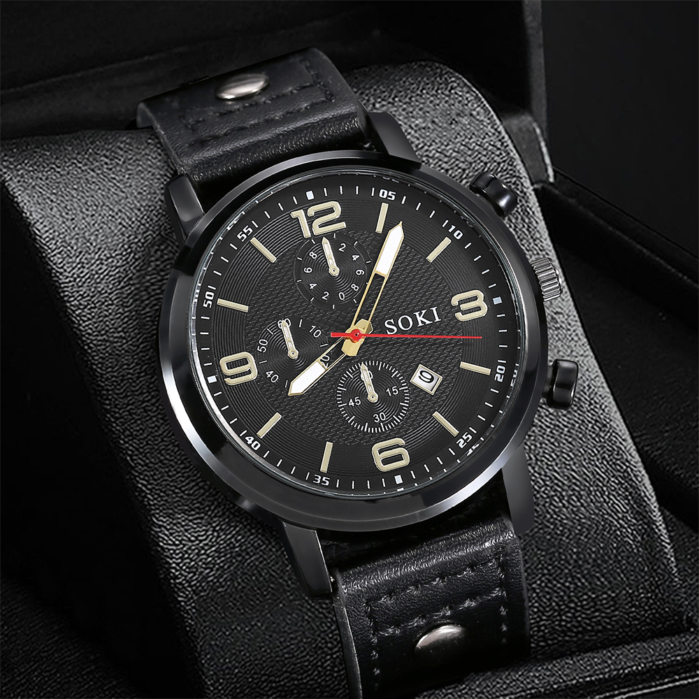 Casual Menu0027s Bracelet Watch Set Army Style Student Sports Three Eyes Calendar Menu0027s Watch w