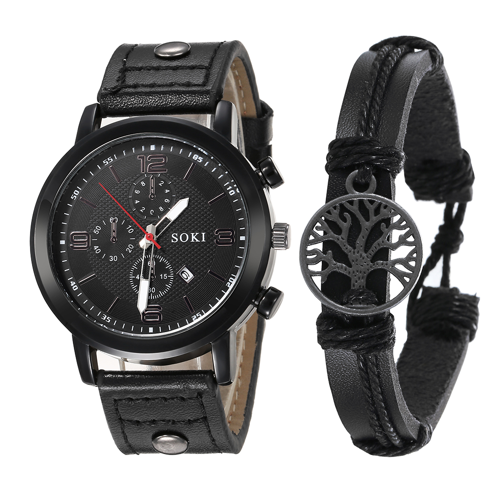 Casual Menu0027s Bracelet Watch Set Army Style Student Sports Three Eyes Calendar Menu0027s Watch w