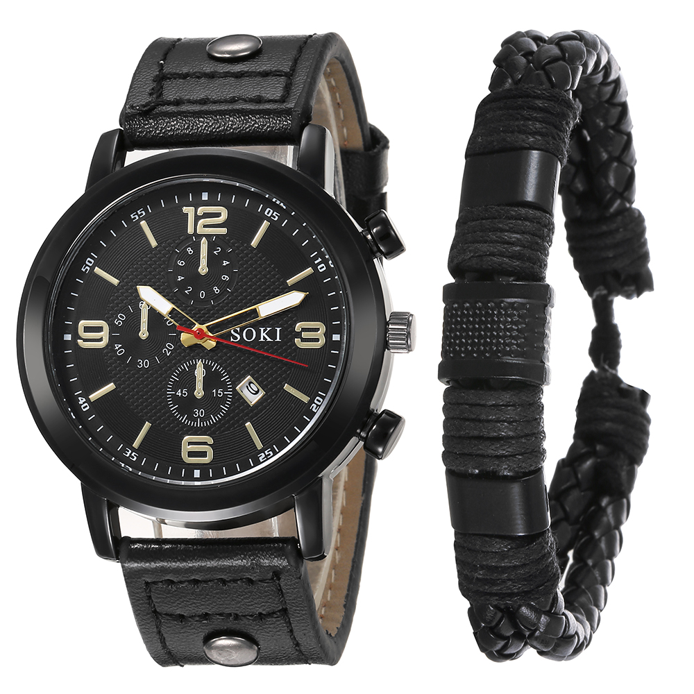 Casual Menu0027s Bracelet Watch Set Army Style Student Sports Three Eyes Calendar Menu0027s Watch w