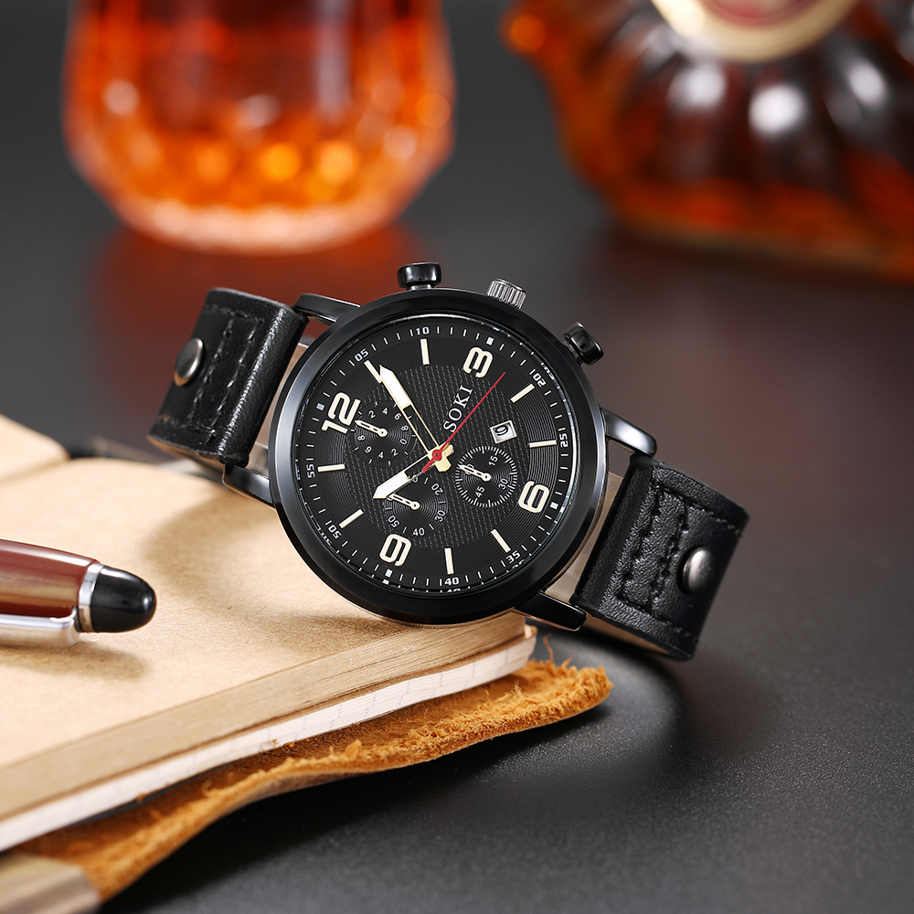 Casual Menu0027s Bracelet Watch Set Army Style Student Sports Three Eyes Calendar Menu0027s Watch w