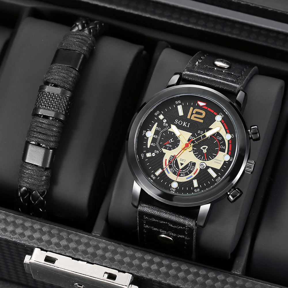 Menu0027s Bracelet Watch Set Fashion Pu Strap Calendar Sports Quartz Watch