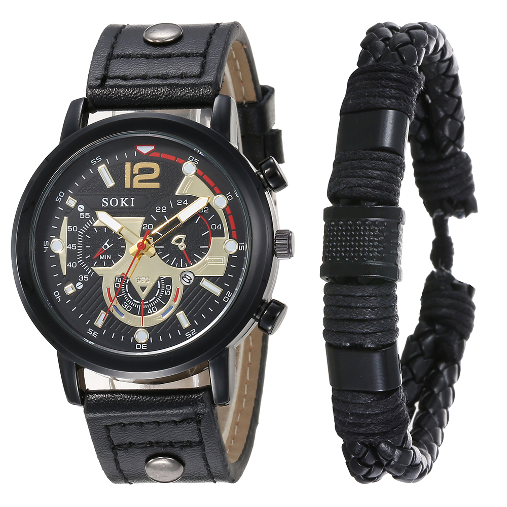 Menu0027s Bracelet Watch Set Fashion Pu Strap Calendar Sports Quartz Watch