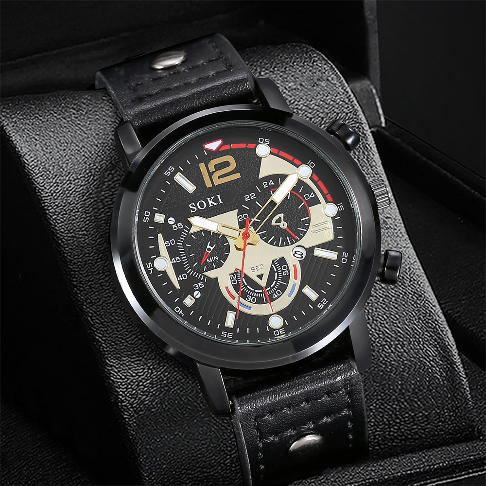 Menu0027s Bracelet Watch Set Fashion Pu Strap Calendar Sports Quartz Watch