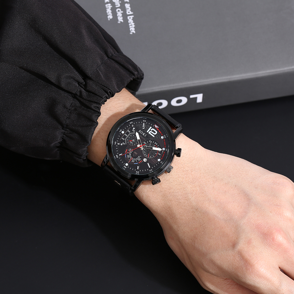 Menu0027s Bracelet Watch Set Fashion Pu Strap Calendar Sports Quartz Watch
