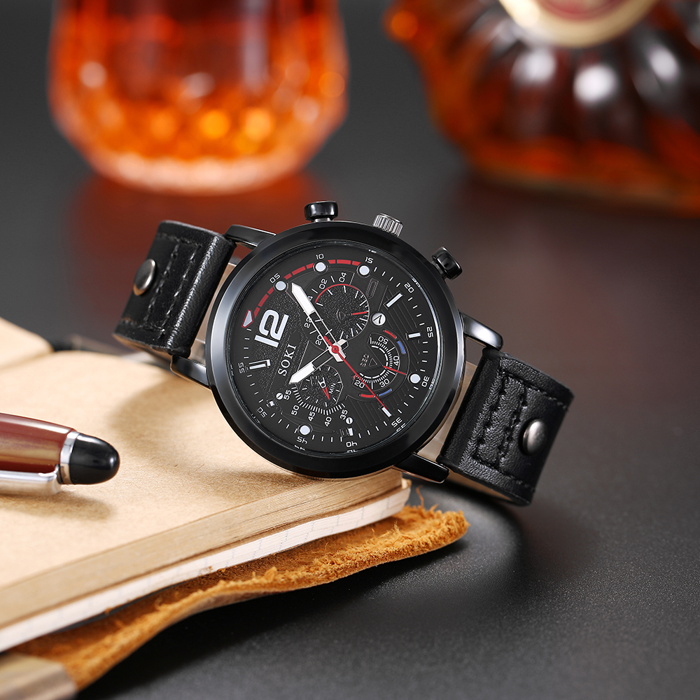 Menu0027s Bracelet Watch Set Fashion Pu Strap Calendar Sports Quartz Watch