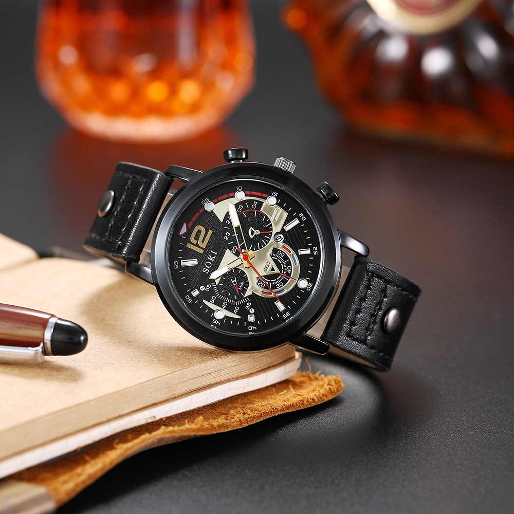 Menu0027s Bracelet Watch Set Fashion Pu Strap Calendar Sports Quartz Watch