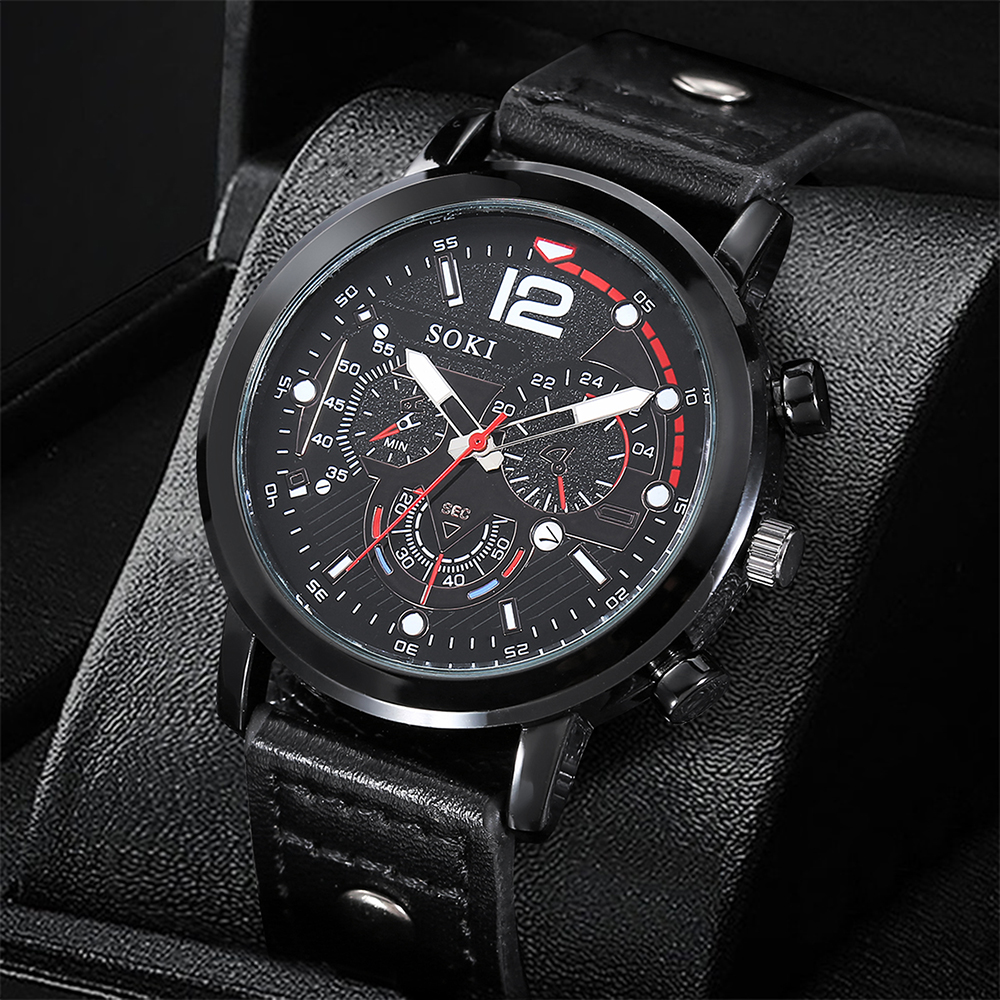Menu0027s Bracelet Watch Set Fashion Pu Strap Calendar Sports Quartz Watch