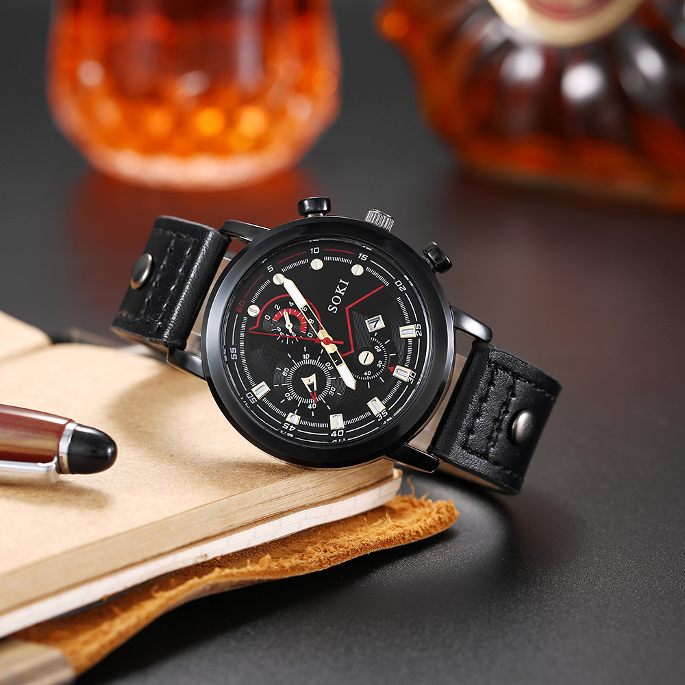 Menu0027s Watch Bracelet Fashion Casual Pu Strap Calendar Quartz Watch
