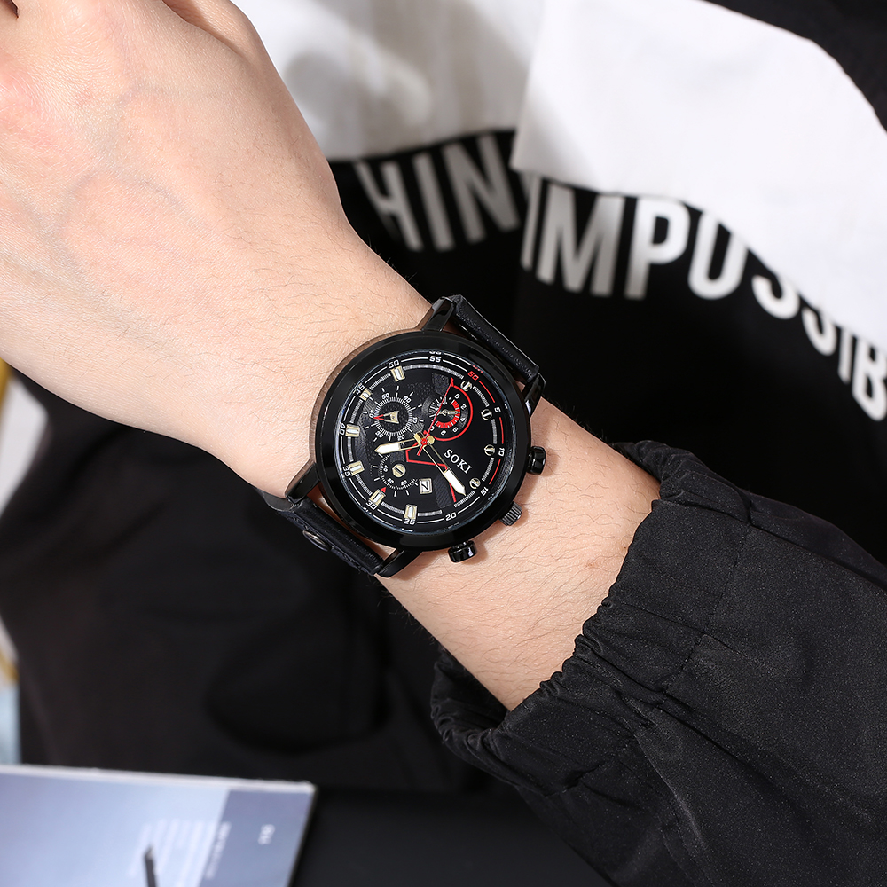 Menu0027s Watch Bracelet Fashion Casual Pu Strap Calendar Quartz Watch