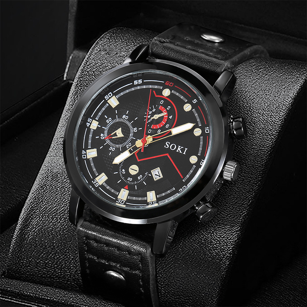 Menu0027s Watch Bracelet Fashion Casual Pu Strap Calendar Quartz Watch