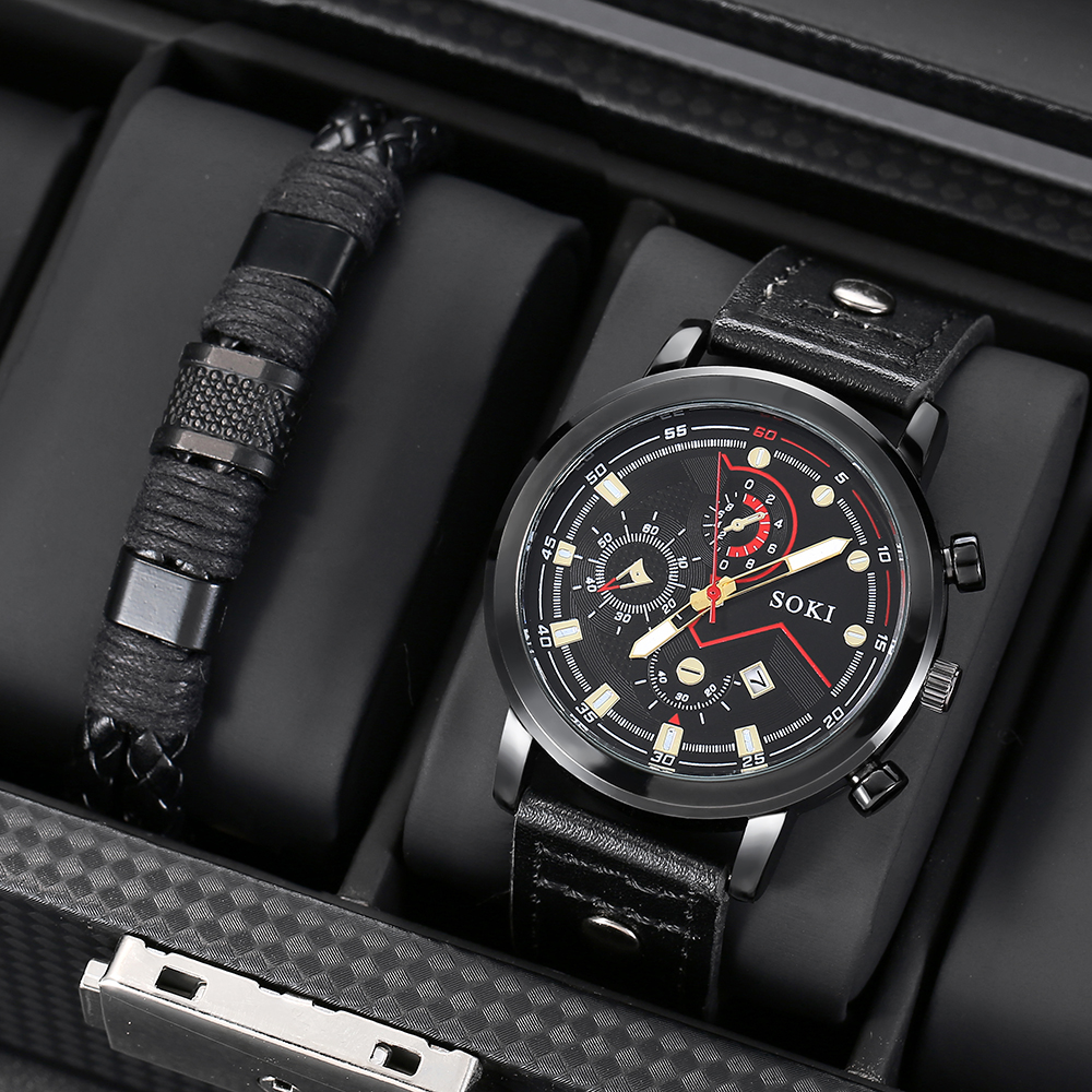 Menu0027s Watch Bracelet Fashion Casual Pu Strap Calendar Quartz Watch