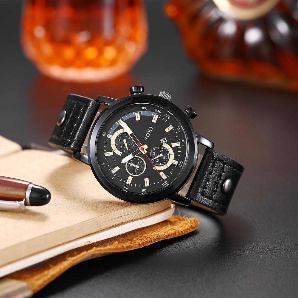 Fashion Casual Pu Strap with Calendar Quartz Watch Menu0027s Watch Bracelet Set