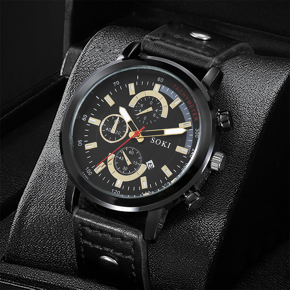 Fashion Casual Pu Strap with Calendar Quartz Watch Menu0027s Watch Bracelet Set