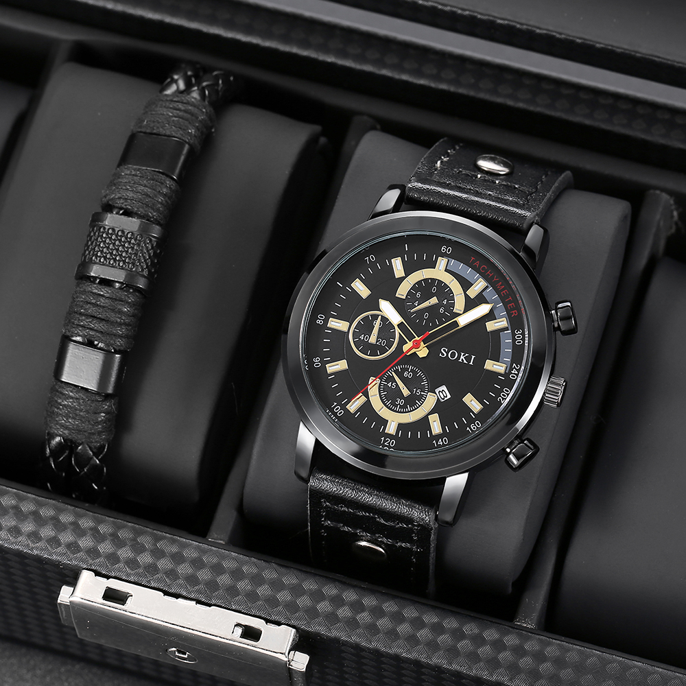 Fashion Casual Pu Strap with Calendar Quartz Watch Menu0027s Watch Bracelet Set