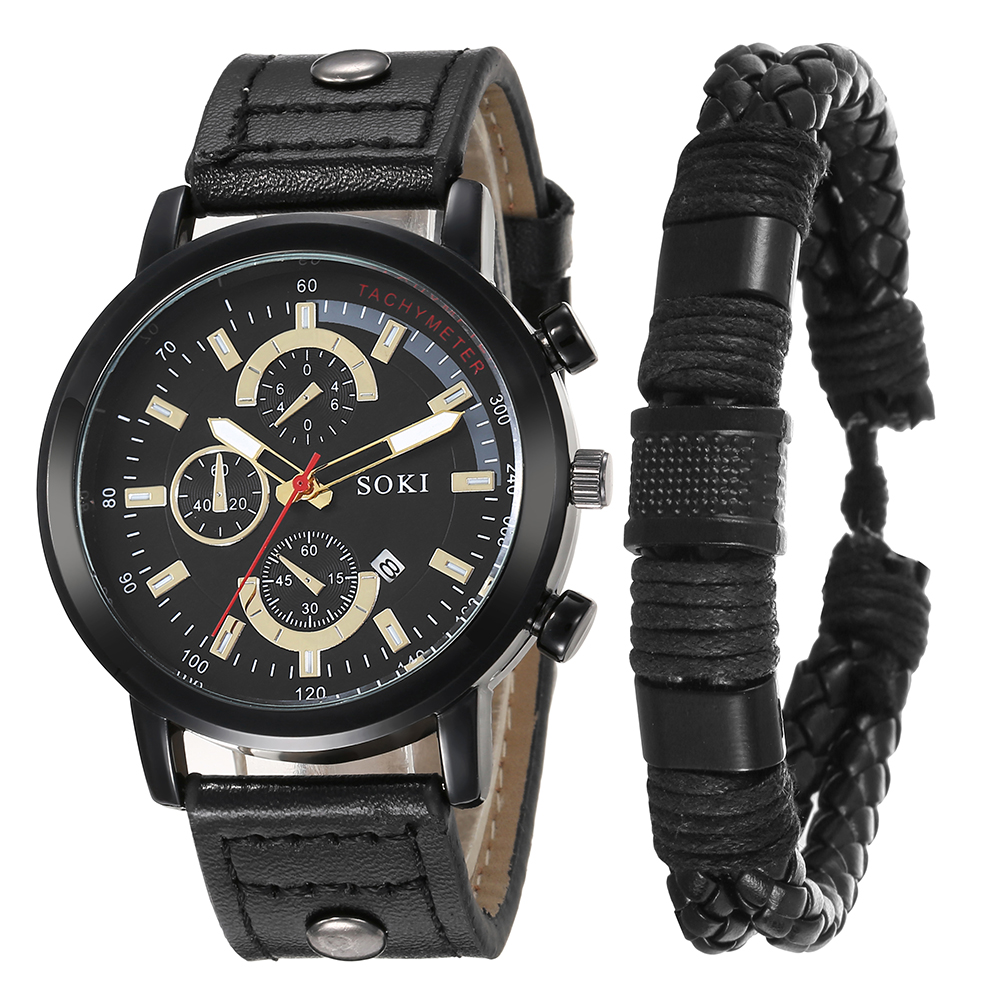 Fashion Casual Pu Strap with Calendar Quartz Watch Menu0027s Watch Bracelet Set