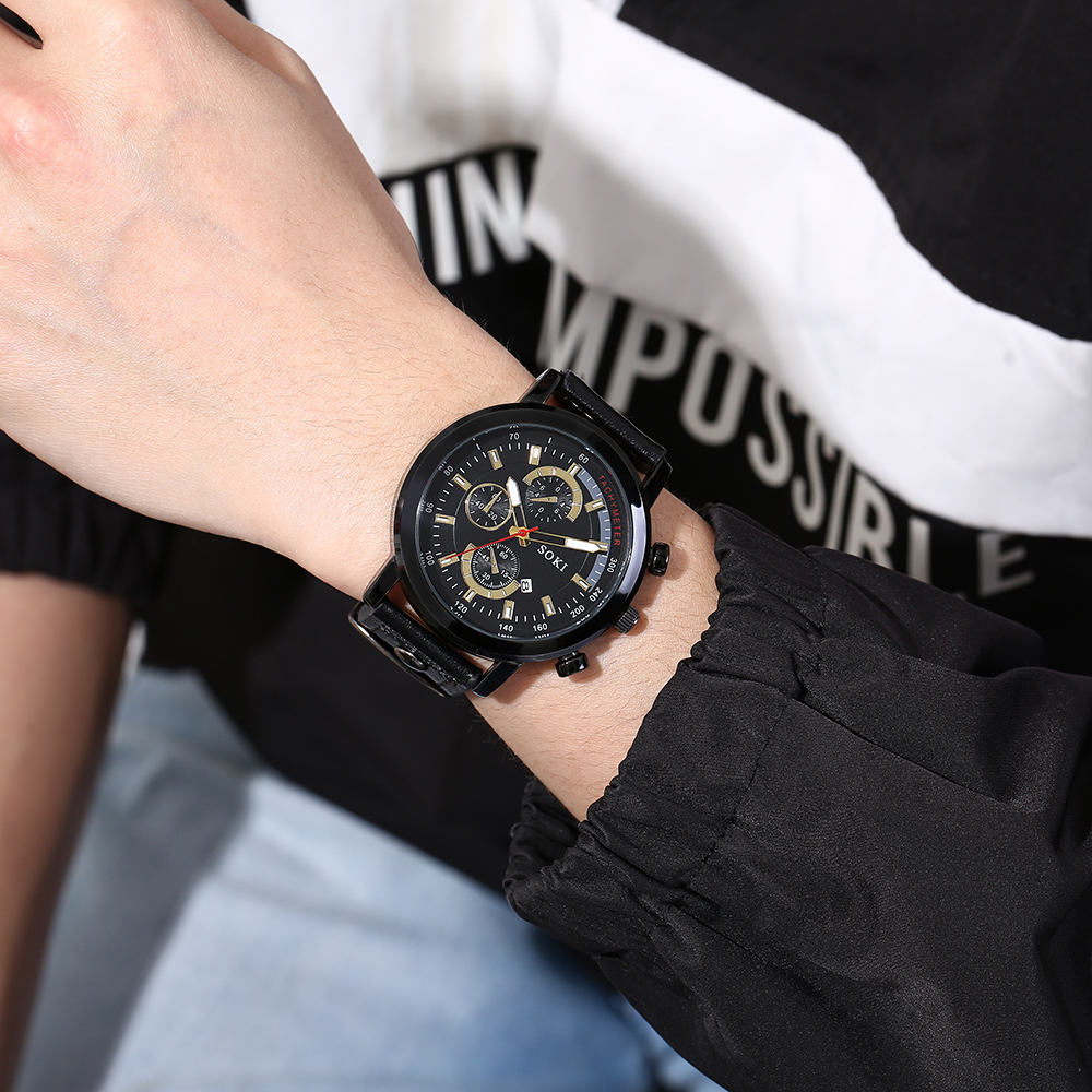 Fashion Casual Pu Strap with Calendar Quartz Watch Menu0027s Watch Bracelet Set