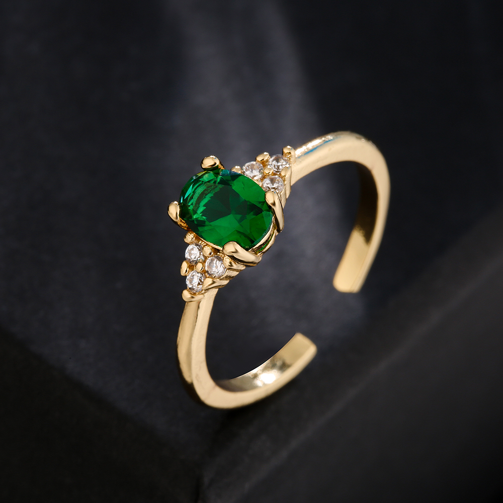 Womenu0027s 18K Gold Plated Big Green Zircon Inlaid  Geometric Open Copper Ring