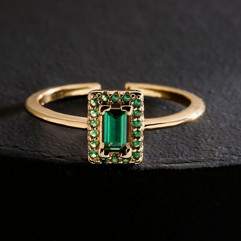 Womenu0027s 18K Gold Plated Big Green Zircon Inlaid  Geometric Open Copper Ring