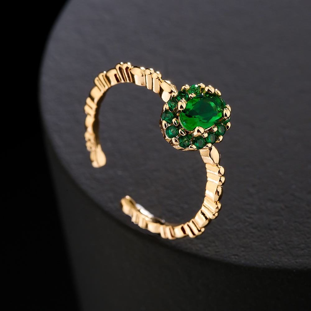 Womenu0027s 18K Gold Plated Big Green Zircon Inlaid  Geometric Open Copper Ring