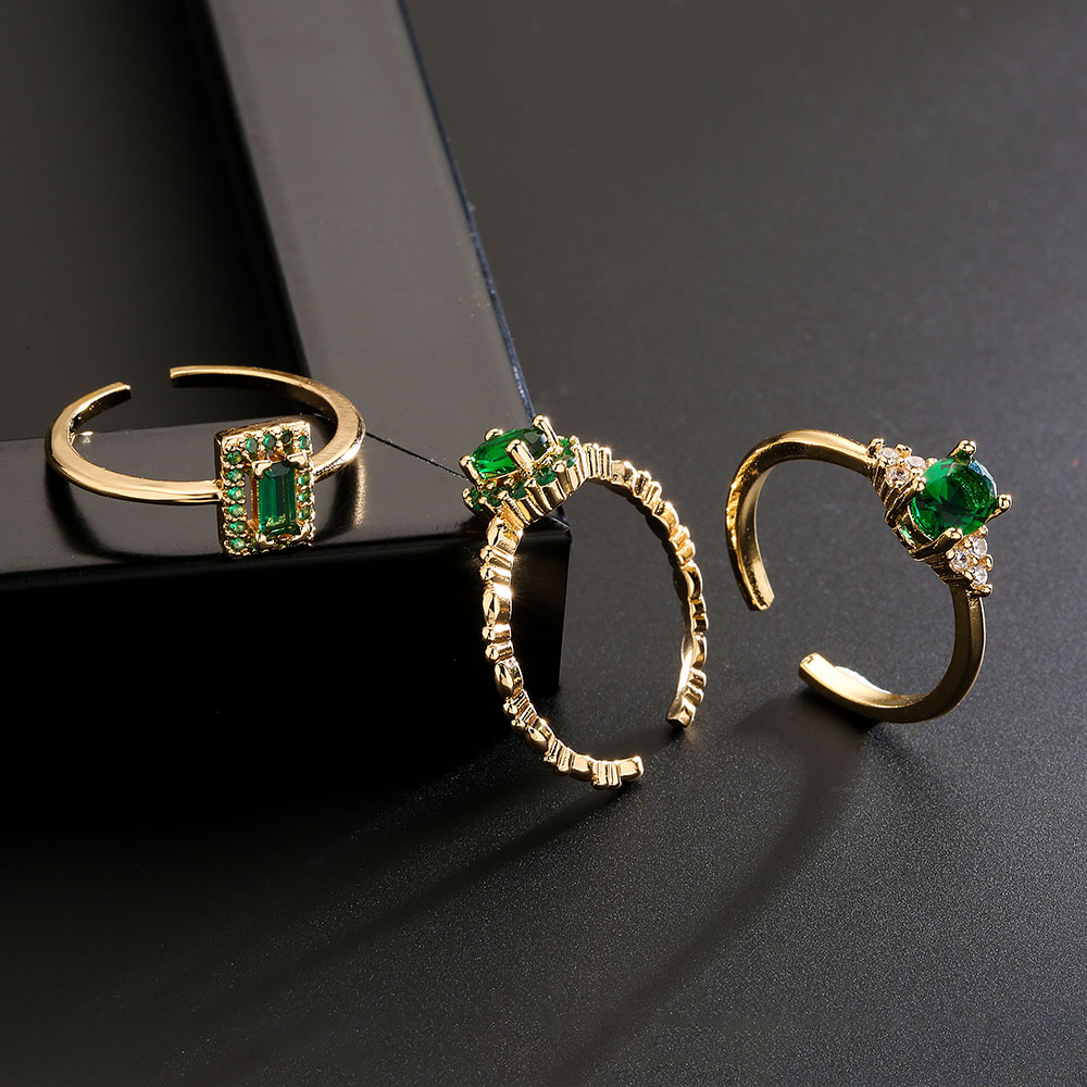 Womenu0027s 18K Gold Plated Big Green Zircon Inlaid  Geometric Open Copper Ring