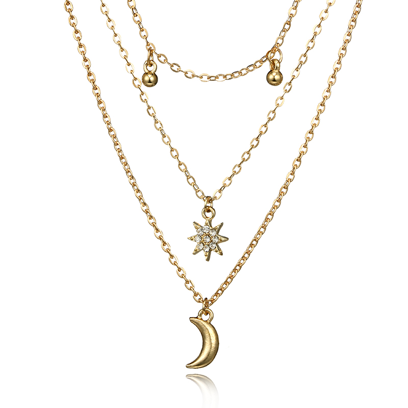 New Simple star moon Tassel Multilayer alloy Necklace