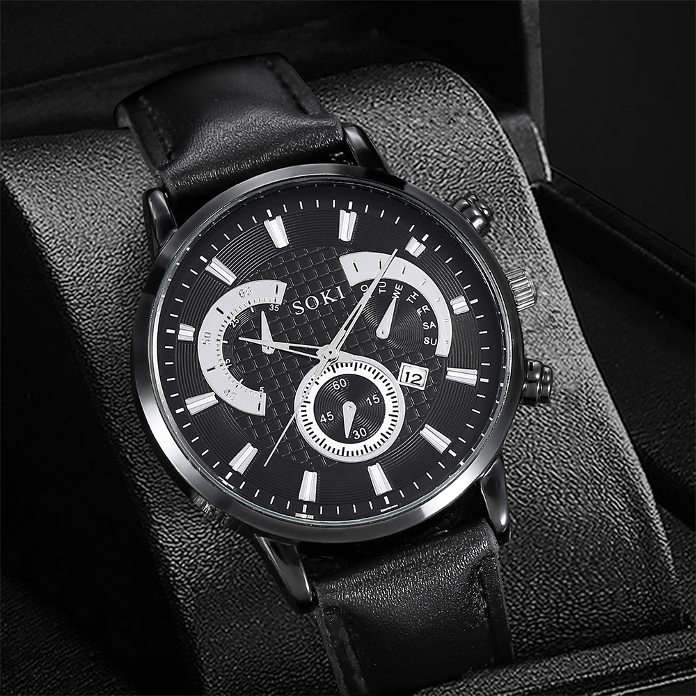 Fashion Casual PU Strap Calendar Sports Quartz Watch Menu0027s Watch Bracelet Set