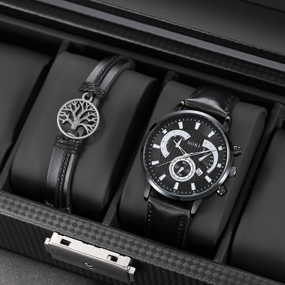 Fashion Casual PU Strap Calendar Sports Quartz Watch Menu0027s Watch Bracelet Set