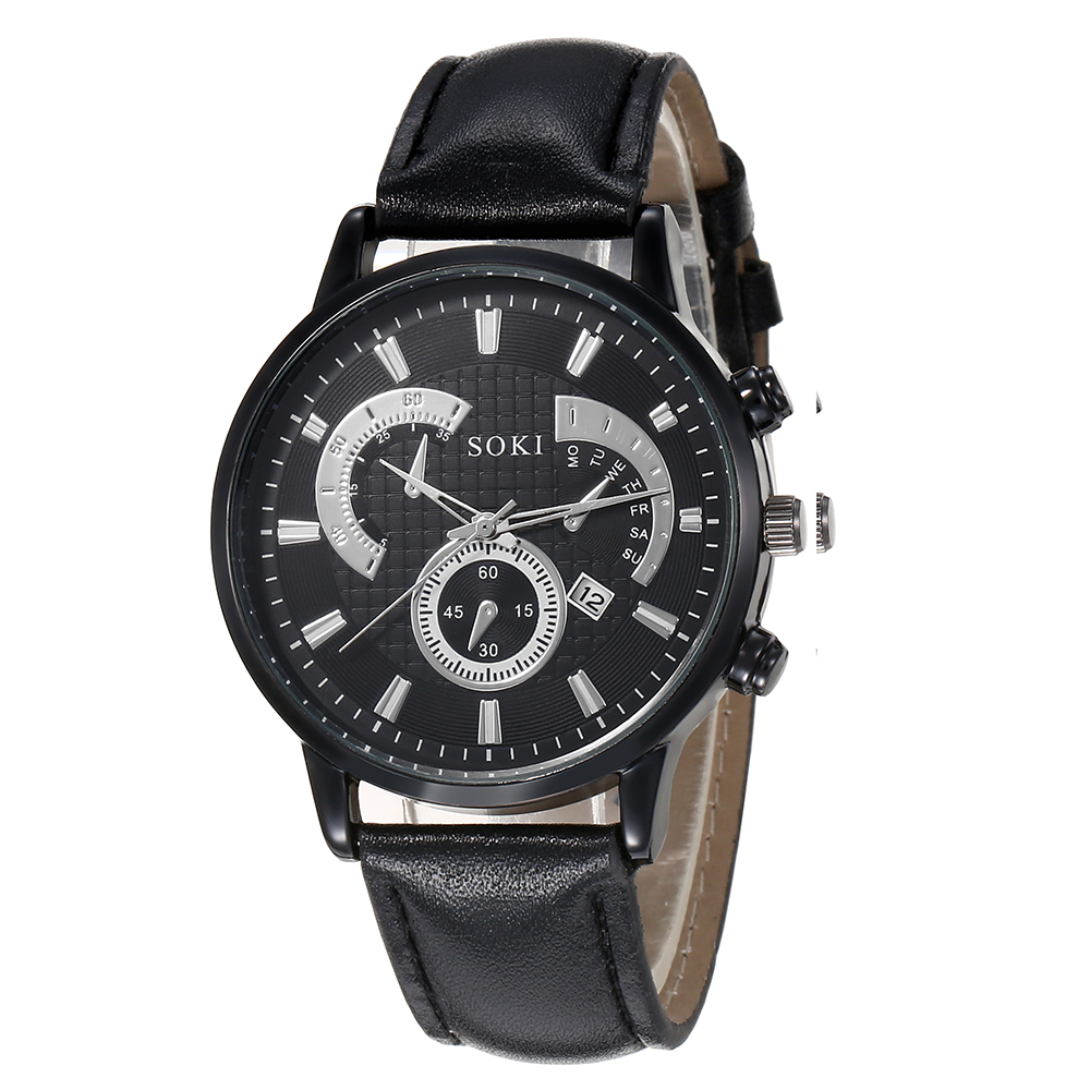 Fashion Casual PU Strap Calendar Sports Quartz Watch Menu0027s Watch Bracelet Set