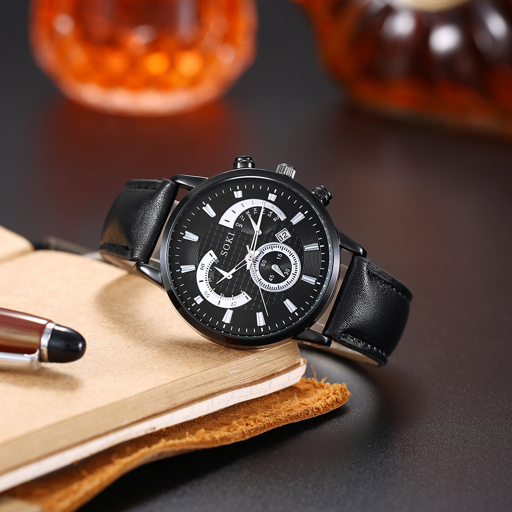 Fashion Casual PU Strap Calendar Sports Quartz Watch Menu0027s Watch Bracelet Set