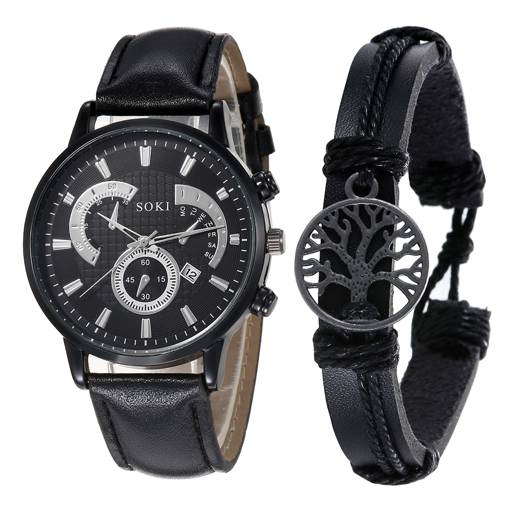 Fashion Casual PU Strap Calendar Sports Quartz Watch Menu0027s Watch Bracelet Set