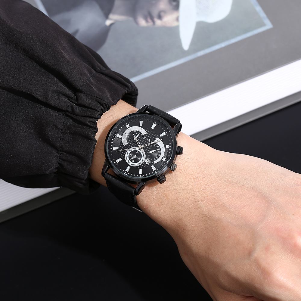 Fashion Casual PU Strap Calendar Sports Quartz Watch Menu0027s Watch Bracelet Set