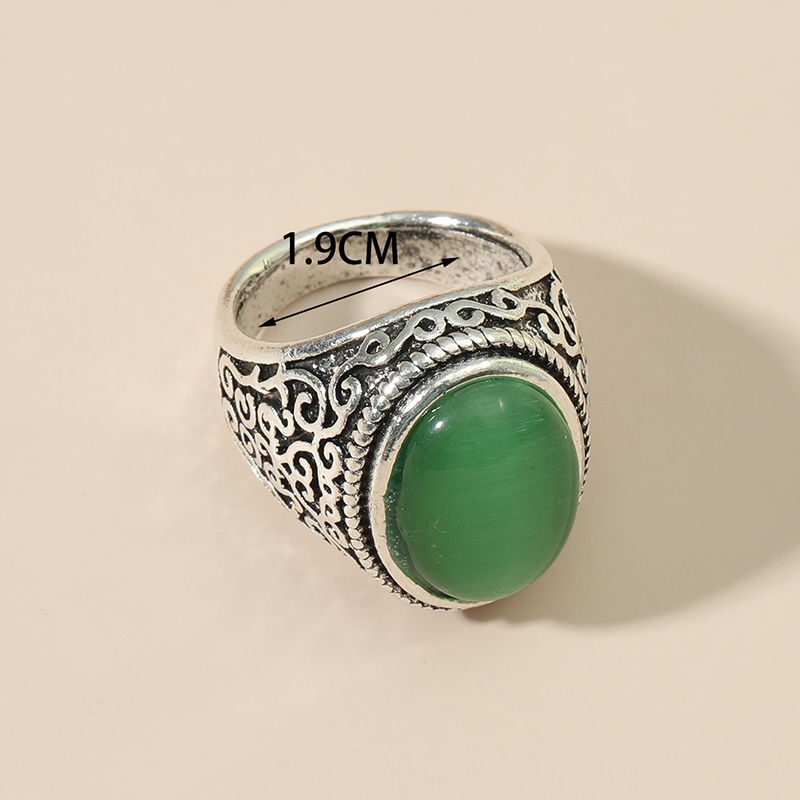 Fashion Retro Ethnic Carved Green Opal Alloy Ring