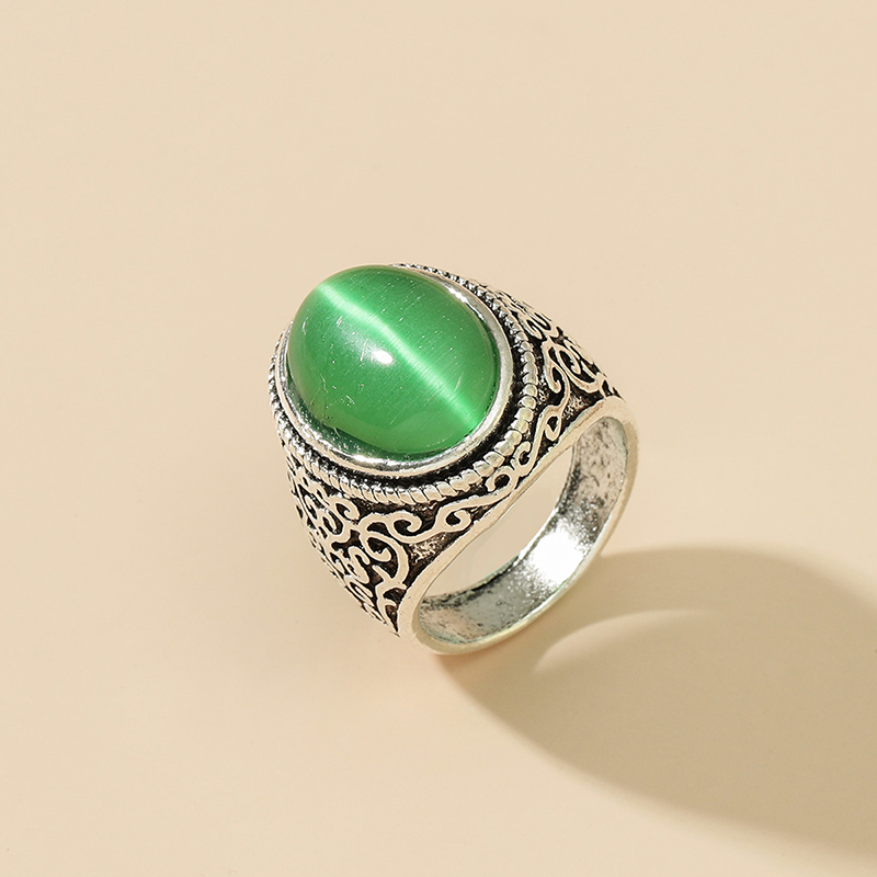 Fashion Retro Ethnic Carved Green Opal Alloy Ring