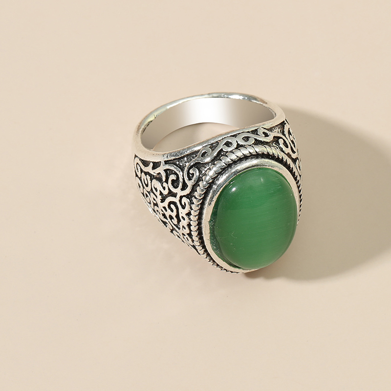 Fashion Retro Ethnic Carved Green Opal Alloy Ring