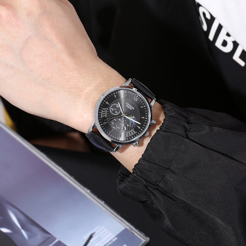 Menu0027s Watch Fashion Casual Pu Strap Sports Quartz Watch Set with Calendar