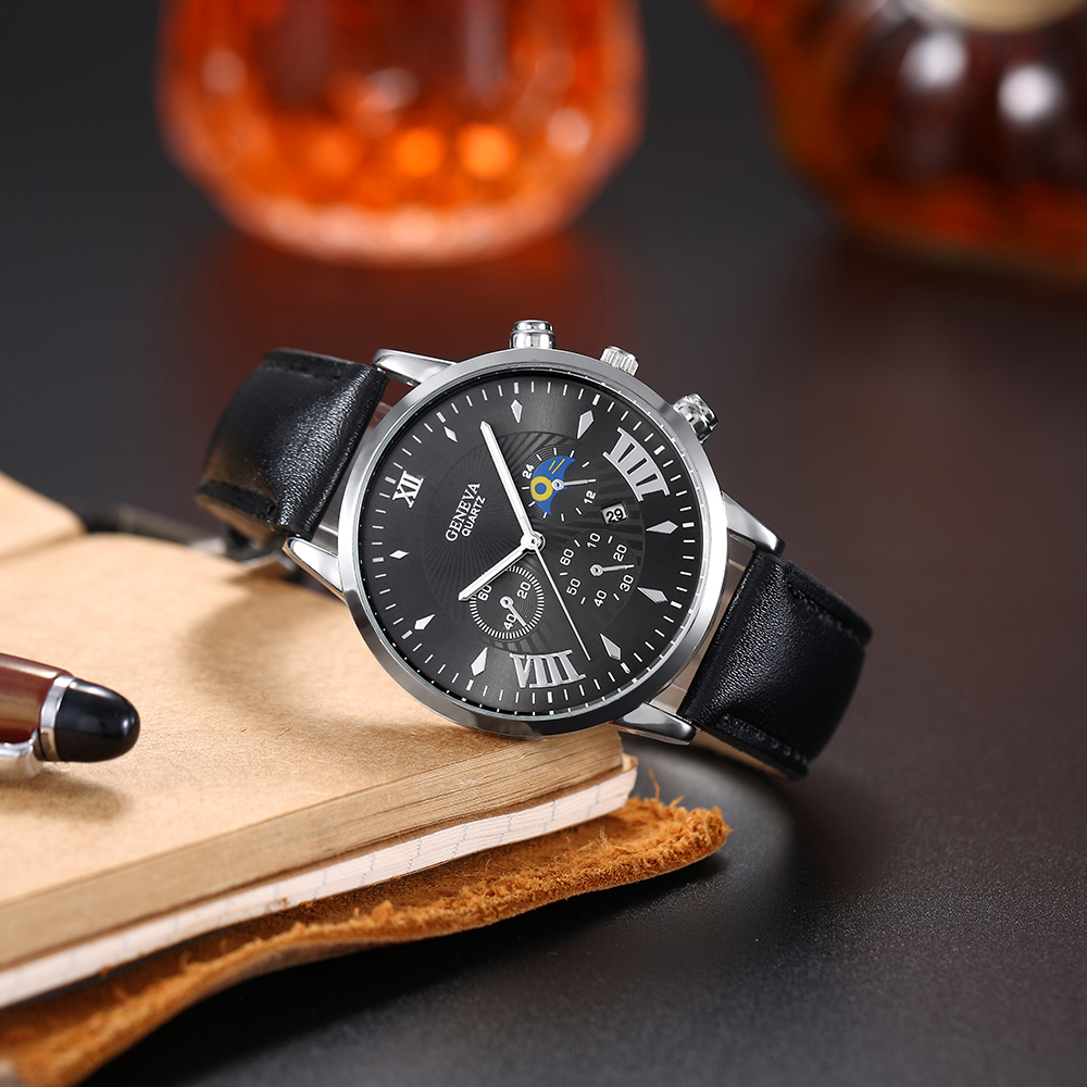 Menu0027s Watch Fashion Casual Pu Strap Sports Quartz Watch Set with Calendar