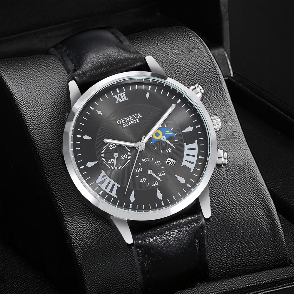 Menu0027s Watch Fashion Casual Pu Strap Sports Quartz Watch Set with Calendar