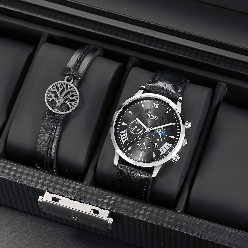 Menu0027s Watch Fashion Casual Pu Strap Sports Quartz Watch Set with Calendar